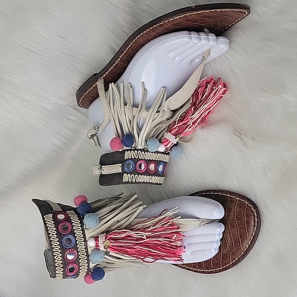 Sam Edelman Shoes - SAM EDELMAN Gere Western Fringe Pom Pom Boho Hippie Gladiator Thong Sandals 8.5